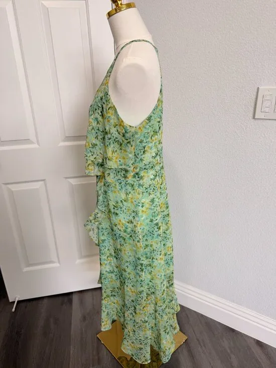 Floral Halter Midi Dress Green Yellow Tiered Feminine Spring Dress - Picture 4 of 6